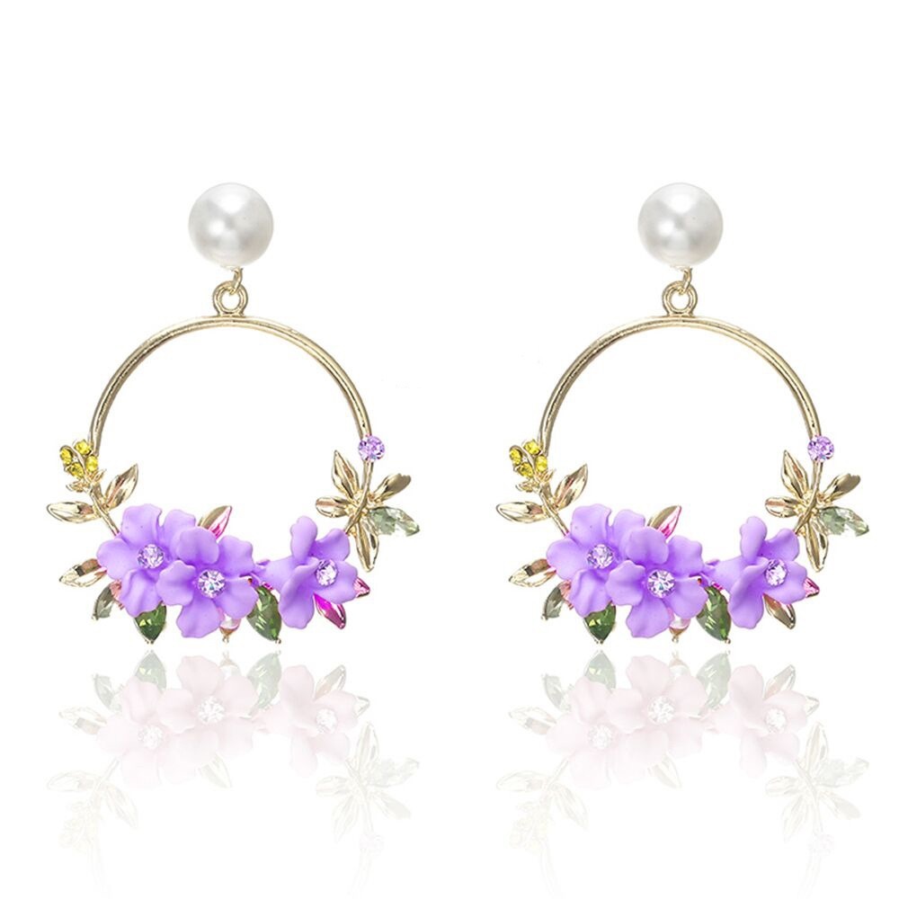 Purple Flower stud hoop earring